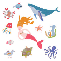 Sea life animals and mermaid set