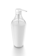 White cosmetic bottle dispenser pump with tube transparent white liquid filled container from top angle.