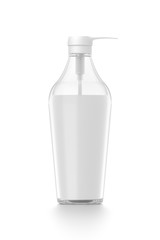 White cosmetic bottle dispenser pump with tube transparent white liquid filled container from front angle.