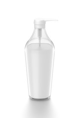 White cosmetic bottle dispenser pump with tube transparent white liquid filled container from front top angle.