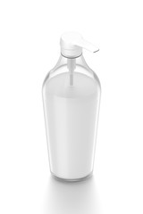 White cosmetic bottle dispenser pump with tube transparent white liquid filled container from isometric side angle.