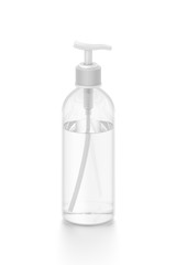 White cosmetic bottle dispenser pump with tube transparent liquid filled container from front top angle.