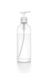White cosmetic bottle dispenser pump with tube transparent liquid filled container from closeup angle.