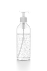 White cosmetic bottle dispenser pump with tube transparent bubble liquid filled container from side angle.