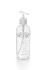 White cosmetic bottle dispenser pump with tube transparent bubble liquid filled container from top angle.