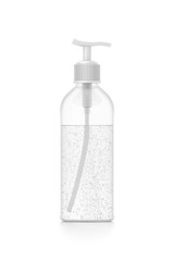White cosmetic bottle dispenser pump with tube transparent bubble liquid filled container from front angle.