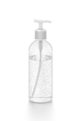 White cosmetic bottle dispenser pump with tube transparent bubble liquid filled container from front top angle.