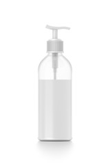 White cosmetic bottle dispenser pump with tube transparent white liquid filled container from front angle.