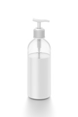 White cosmetic bottle dispenser pump with tube transparent white liquid filled container from front top angle.
