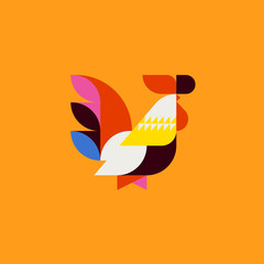Silhouette of cute patchwork style rooster. Flat vector cock