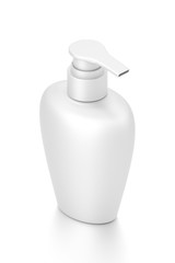 White cosmetic bottle dispenser pump with oval container from isometric angle.