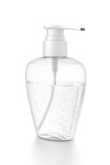 White cosmetic bottle dispenser pump with oval transparent bubble liquid filled container from side angle.