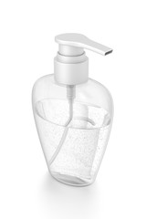 White cosmetic bottle dispenser pump with oval transparent bubble liquid filled container from top angle.