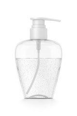 White cosmetic bottle dispenser pump with oval transparent bubble liquid filled container from front angle.