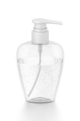 White cosmetic bottle dispenser pump with oval transparent bubble liquid filled container from front top angle.