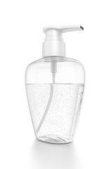 White cosmetic bottle dispenser pump with oval transparent bubble liquid filled container from closeup angle.
