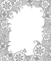 Floral hand drawn vertical frame in zentangle inspired style.