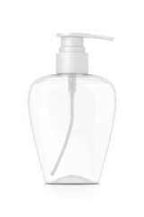 White cosmetic bottle dispenser pump with oval transparent empty container from front angle.