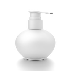 White cosmetic bottle dispenser pump with round container from side angle.