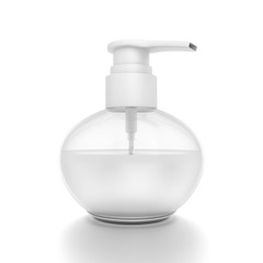 White cosmetic bottle dispenser pump with round transparent white liquid filled container from closeup angle.