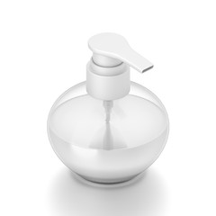 White cosmetic bottle dispenser pump with round transparent white liquid filled container from isometric side angle.