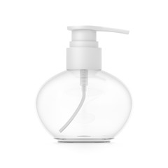 White cosmetic bottle dispenser pump with round transparent empty container from front angle.