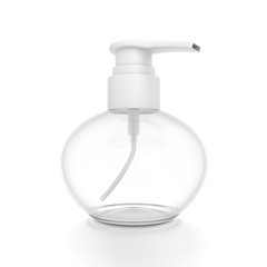 White cosmetic bottle dispenser pump with round transparent empty container from closeup angle.