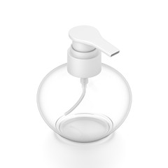 White cosmetic bottle dispenser pump with round transparent empty container from isometric angle.