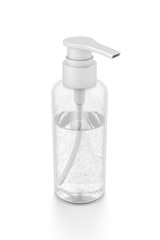 White cosmetic bottle dispenser pump with tube transparent bubble liquid filled container from top angle.