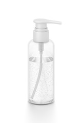 White cosmetic bottle dispenser pump with tube transparent bubble liquid filled container from front top angle.