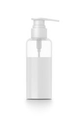 White cosmetic bottle dispenser pump with tube transparent white liquid filled container from front angle.