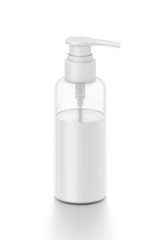 White cosmetic bottle dispenser pump with tube transparent white liquid filled container from front top angle.