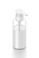 White cosmetic bottle dispenser pump with tube transparent white liquid filled container from isometric side angle.