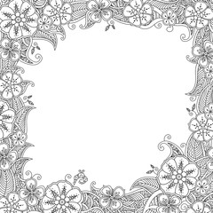 Floral hand drawn square frame in zentangle inspired style.