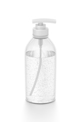 White cosmetic bottle dispenser pump with tube transparent bubble liquid filled container from front top angle.