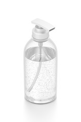 White cosmetic bottle dispenser pump with tube transparent bubble liquid filled container from isometric angle.