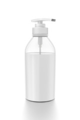 White cosmetic bottle dispenser pump with tube transparent white liquid filled container from side angle.