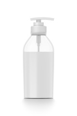 White cosmetic bottle dispenser pump with tube transparent white liquid filled container from front angle.