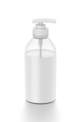 White cosmetic bottle dispenser pump with tube transparent white liquid filled container from front top angle.