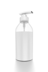 White cosmetic bottle dispenser pump with tube transparent white liquid filled container from closeup angle.