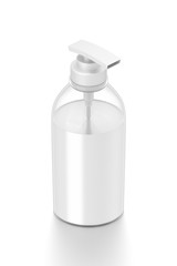White cosmetic bottle dispenser pump with tube transparent white liquid filled container from isometric side angle.