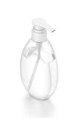 White cosmetic bottle dispenser pump with oval transparent liquid filled container from isometric angle.