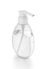 White cosmetic bottle dispenser pump with oval transparent bubble liquid filled container from top angle.
