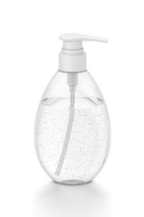 White cosmetic bottle dispenser pump with oval transparent bubble liquid filled container from front top angle.