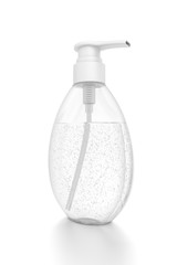 White cosmetic bottle dispenser pump with oval transparent bubble liquid filled container from closeup angle.