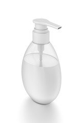 White cosmetic bottle dispenser pump with oval transparent white liquid filled container from top angle.