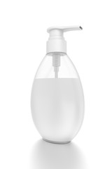 White cosmetic bottle dispenser pump with oval transparent white liquid filled container from closeup angle.