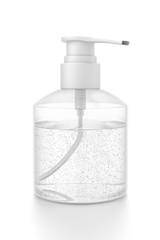 White cosmetic bottle dispenser pump with tube transparent bubble liquid filled container from side angle.