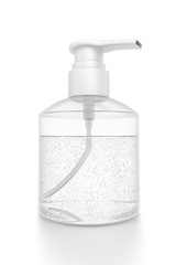 White cosmetic bottle dispenser pump with tube transparent bubble liquid filled container from closeup angle.