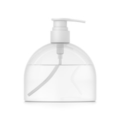 White cosmetic bottle dispenser pump with round transparent liquid filled container from front angle.